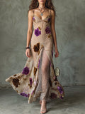 Beige Floral Mesh Insert Maxi Dress