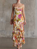 Cream Floral Ruffle Maxi Dress