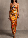 Orange Floral Print Spaghetti Strap Midi Dress