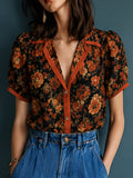 Black Orange Floral Contrast Trim Shirt