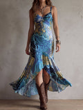Blue Gold Abstract Mermaid Maxi Dress