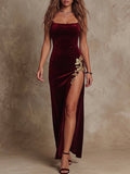 Burgundy Velvet Gold Applique Maxi Dress