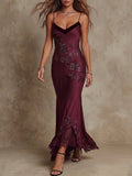 Burgundy Beaded Lace Mermaid Maxi Dress