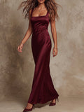 Burgundy Satin Wide-Strap Maxi Dress