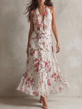 Cream Floral Ruffle Rosette Halter Maxi Dress