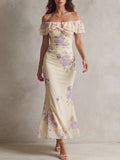 Cream Floral Off-Shoulder Mermaid Midi Dress