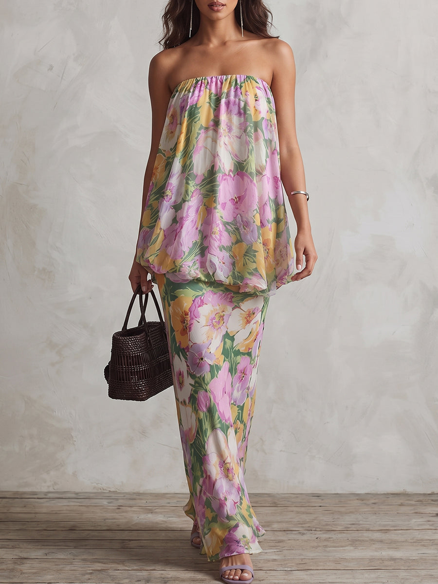 Floral Strapless Bubble Hem Maxi Dress