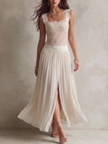 Cream Lace Panel Pleated Maxi Dress