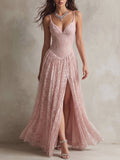 Blush Lace Corset High-Slit Maxi Dress