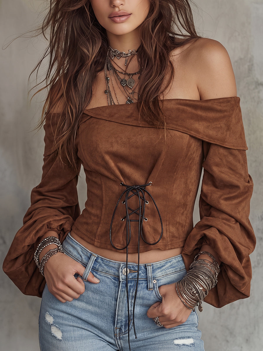Brown Faux Suede Corset Off-Shoulder Top