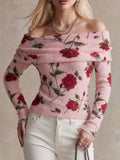 Pink Rose Print Off-Shoulder Knit Sweater