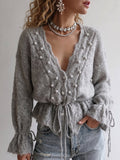 Grey Pearl Embellished Tie-Front Knit Top