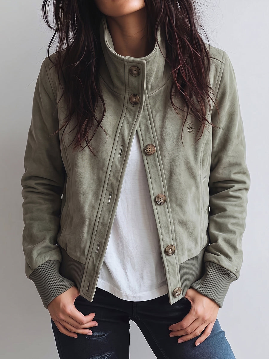 Sage Green Button-Up Stand Collar Jacket