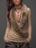 Beige Lace And Faux Fur Trim Long Sleeve Top