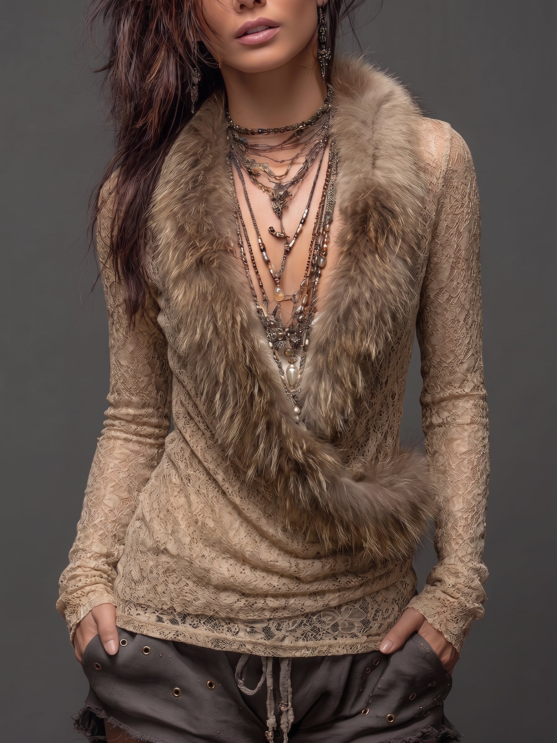 Beige Lace And Faux Fur Trim Long Sleeve Top