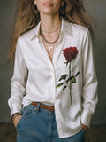 White Rose Print Button-Up Shirt