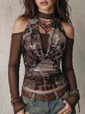 Brown Grunge Mesh Cowl Neck Top