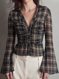 Dark Plaid Ruched Flared Sleeve Shirt