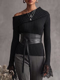 Black Ribbed One-Shoulder Lace Top