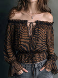 Brown Zebra Print Sheer Lace-Up Blouse