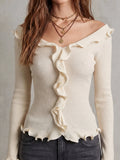 Cream Ribbed Ruffle Trim Top