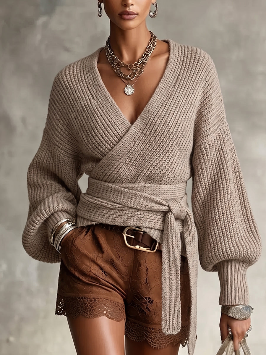Beige Chunky Wrap Tie Waist Sweater