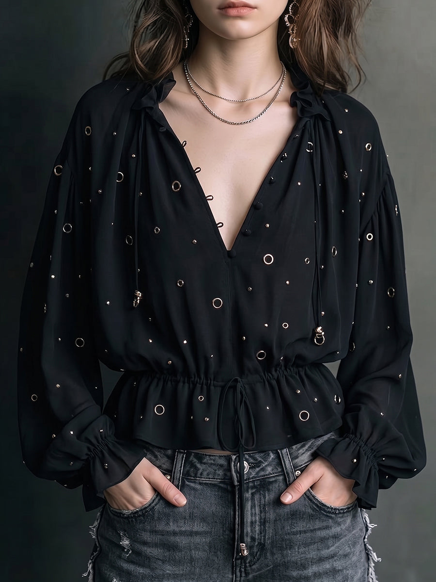 Black Embellished Lace-Up Blouse