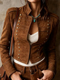 Brown Faux Suede Rivet Cropped Jacket