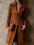 Brown Faux Suede Longline Belted Trench Coat