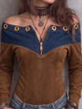 Brown Blue Denim Grommet Zip Corset Top