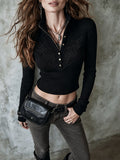 Black Ribbed Embroidered Western Henley Top