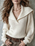 Cream Shawl Collar Ribbed Knit Sweater