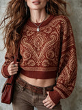 Rust Paisley Patterned Crop Sweater