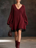 Burgundy Lace Trim Knit Mini Dress