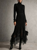 Black Lace Trim Turtleneck Knit Dress