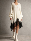 Cream V-Neck Black Lace Trim Knit Dress