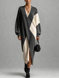 Grey Cream Color Block Wrap Midi Dress