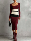 Burgundy Cream Color Block Knit Midi Dress