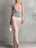 Pink Grey Sheer Cutout Knit Maxi Dress