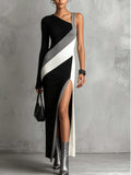 Black Grey Diagonal One-Shoulder Maxi Dress