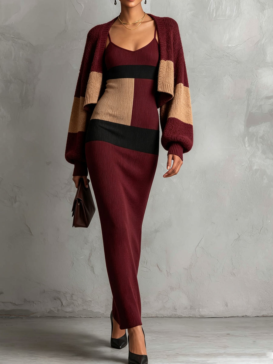 Burgundy Tan Cardigan Skirt Set