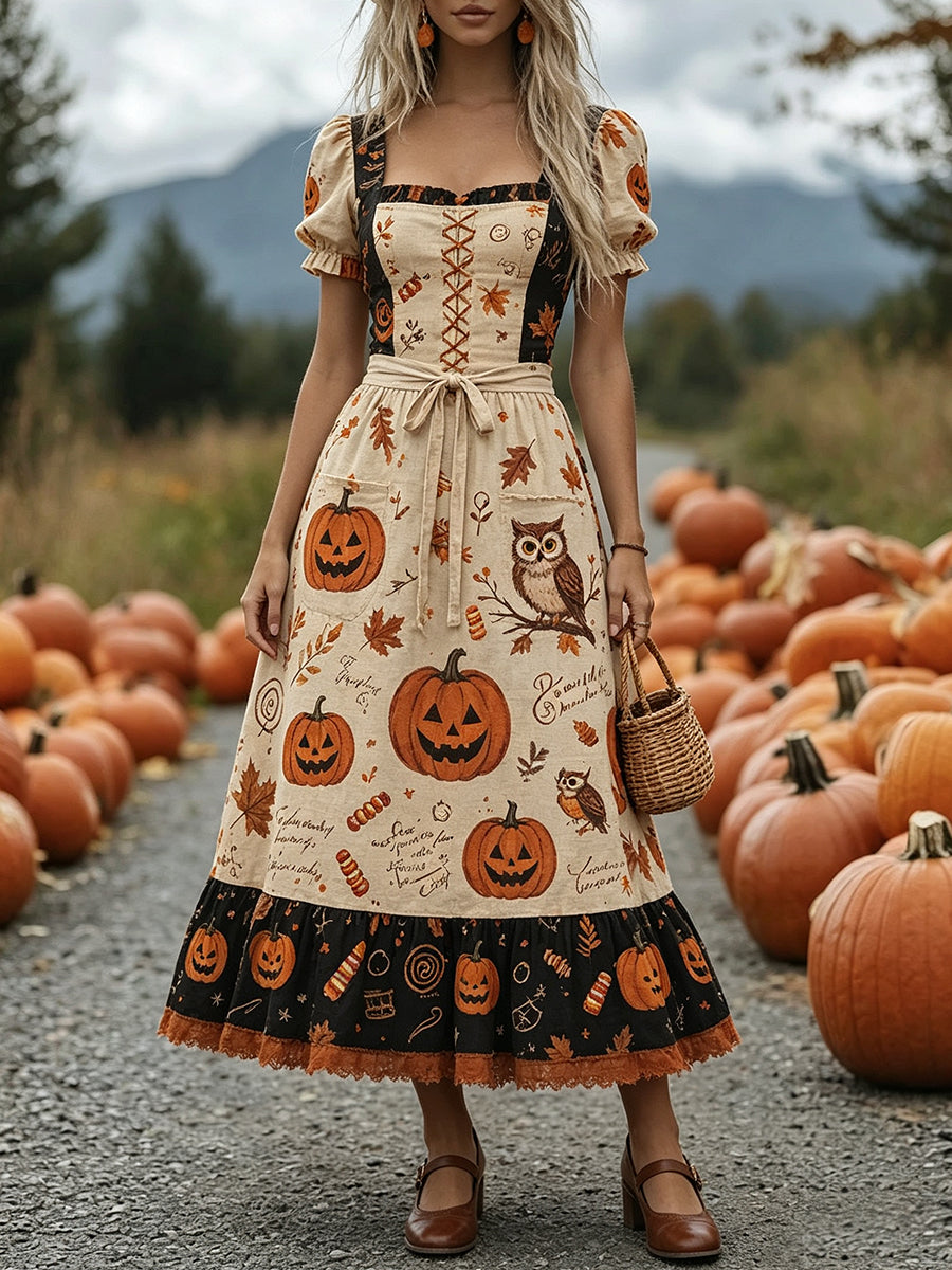 Cream Pumpkin Owl Cottagecore Dress