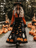 Orange Black Bats Pumpkin Velvet Maxi Dress