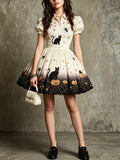 Cream Black Cat Pumpkin Mini Dress
