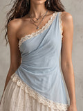 Light Blue Asymmetrical Lace One-Shoulder Top
