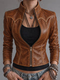 Cognac Brown Piped Leather Moto Jacket