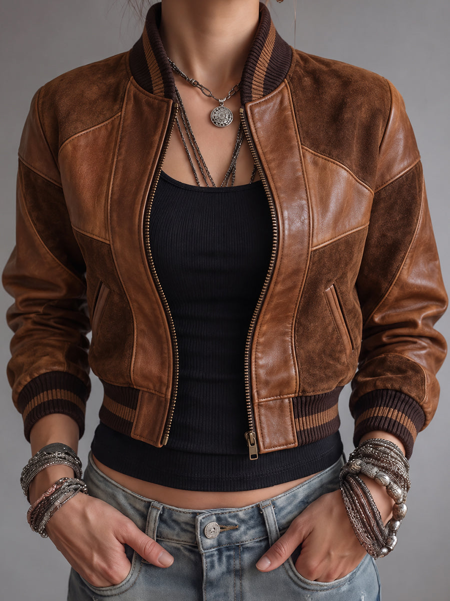 Cognac Brown Ribbed-Collar Leather Bomber