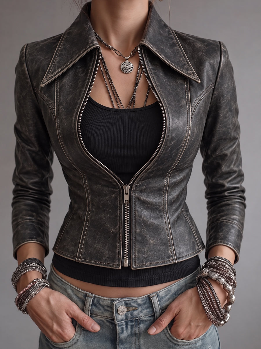 Charcoal Gray Distressed Leather Jacket