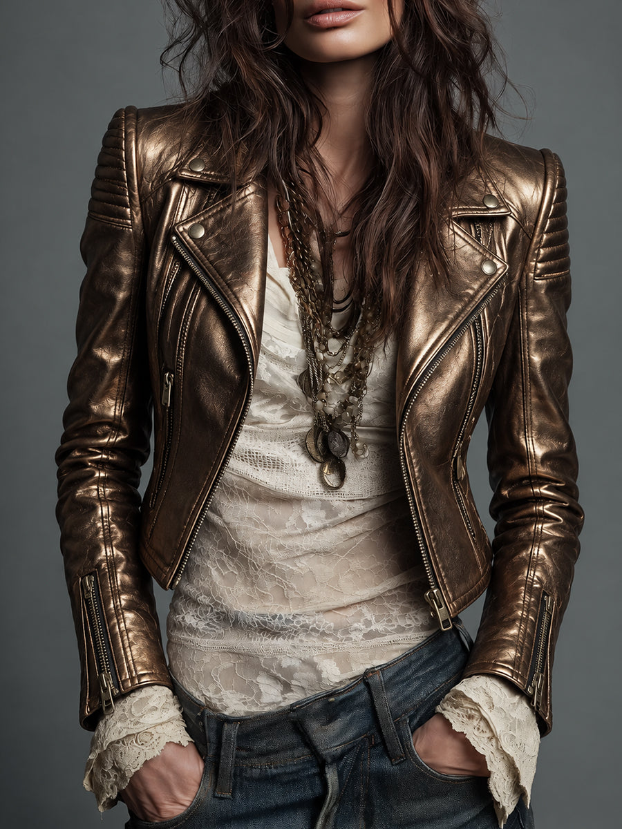 Bronze Metallic Leather Moto Jacket