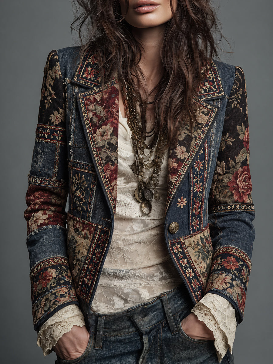 Floral Patchwork Denim Blazer